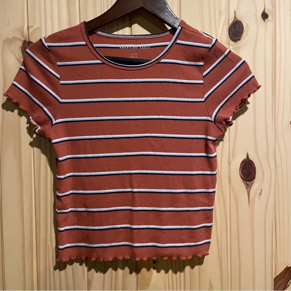 American Eagle Striped Ribbed Lettuce Edge Baby Tee Rust Orange Womens Small